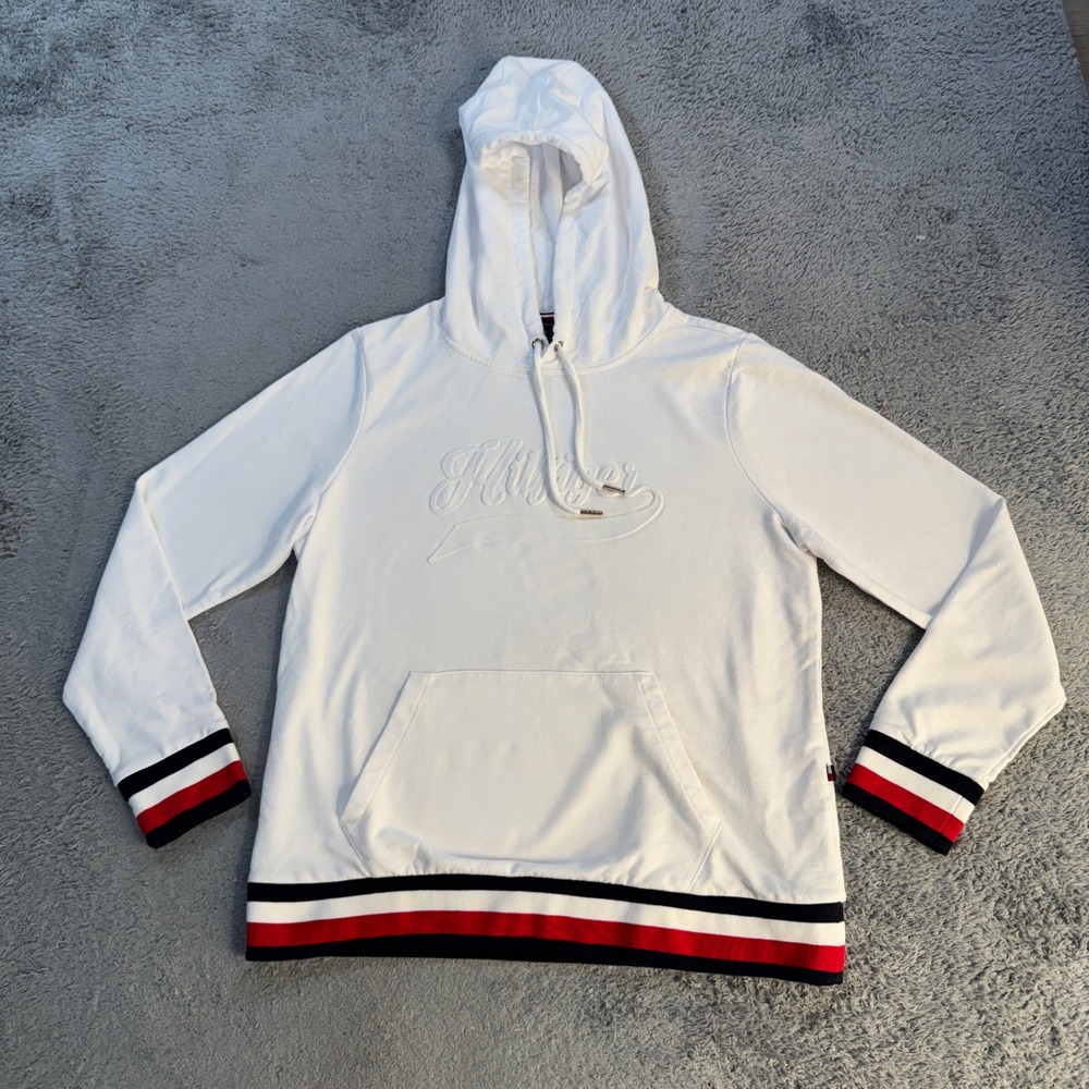Tommy Hilfiger Womens Embossed Logo Pullover Hoodie Large White Striped Trim